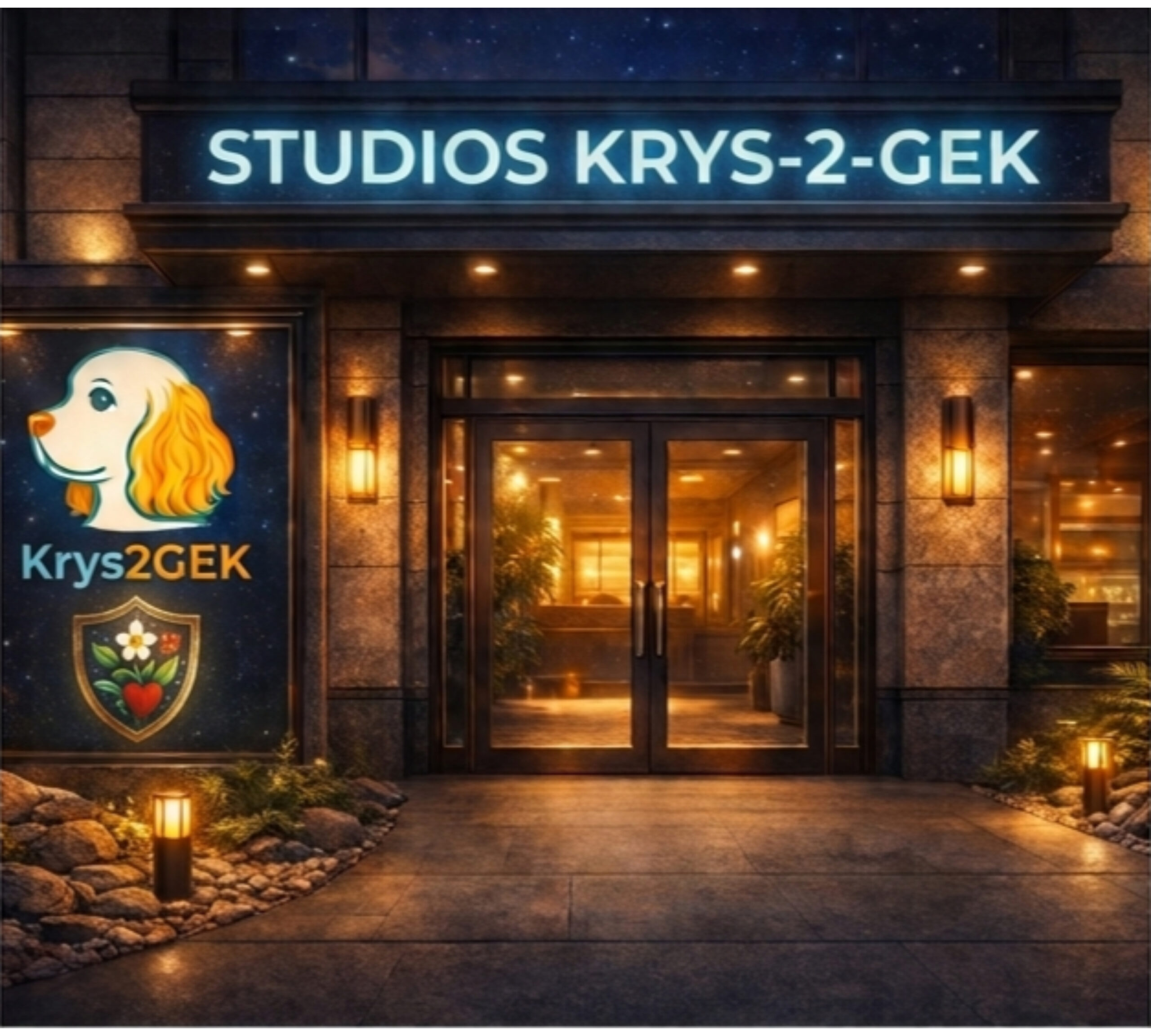 La devanture des Studios Krys-2-Gek, la nuit