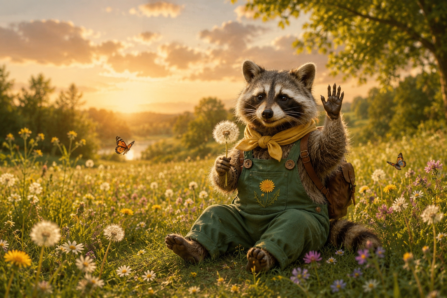 M. Racoon, la mascotte, fait coucou dans un champ de fleurs au coucher du soleil